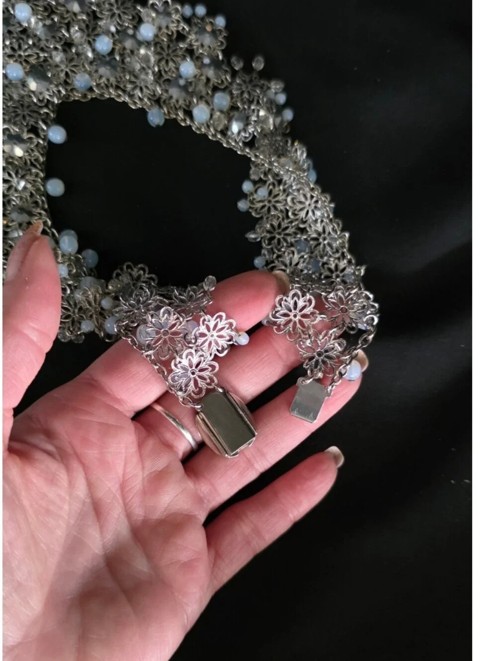 Vintage 1950s 1960s Floral Bib Necklace Opaline Glass Crystal Statement Collar